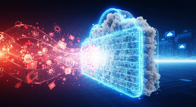Glowing blue cloud data storage with red virus particles flowing into it technology digital