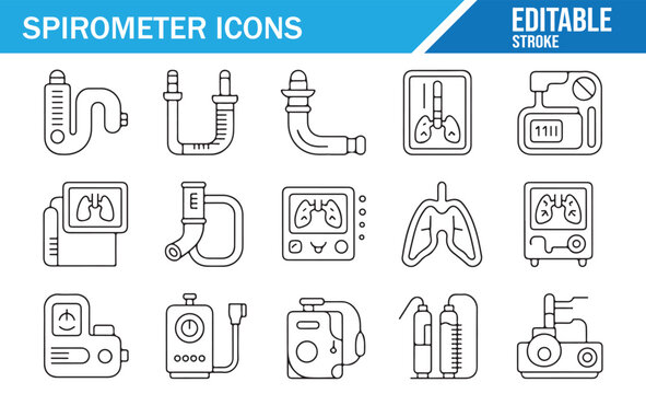Pulmonary diagnostic equipment icon set in clean outline style