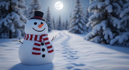 Smiling snowman with red and white striped scarf in snowy forest at night under full moon winter