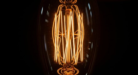 Glowing Filament Light Bulb on Dark Background. vintage Edison style light bulb with a glowing orange filament against a dark background. Represents idea, innovation, creativity, solution, energy