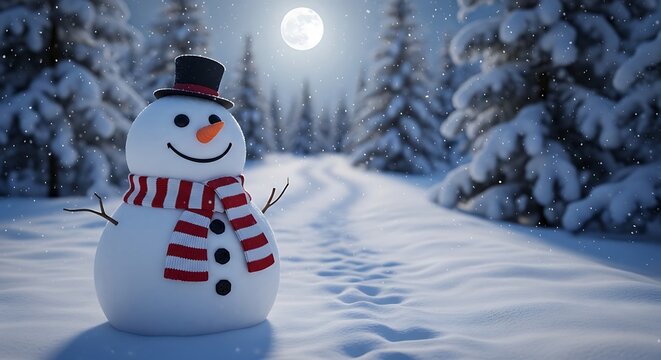 Smiling snowman with red and white striped scarf in snowy forest at night under full moon winter
