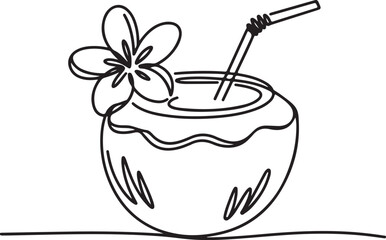 Continuous Line Art Illustration of Coconut Drink with Straw and Tropical Flower Minimal Style