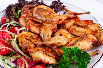 Baked quail, served on a plate with crispy lettuce leaves, fresh tomatoes and herbs, on a white plate, homemade,