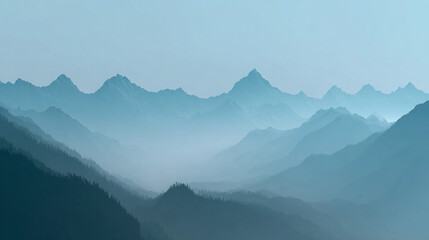 Obraz premium An ethereal landscape of layered blue mountain ranges, shrouded in mist under a tranquil sky. The scene evokes a sense of vastness and serenity. 