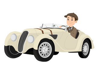 Gentleman Driving a Vintage Roadster Sports Car, Flat Vector Illustration of Man in Classic 1930s Convertible