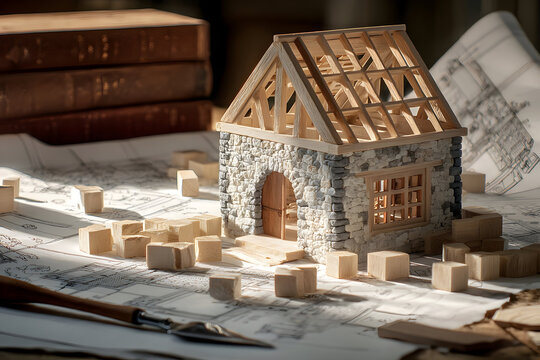 Intricate miniature construction model with half-built stone house design on architect plans