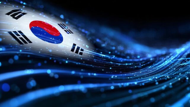 Futuristic South Korean flag wallpaper, digital neon Taeguk, floating holographic trigrams, cyberpunk aesthetic with glowing tech lines