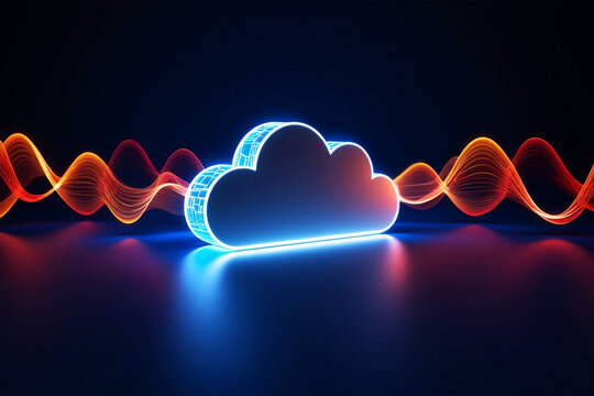 Glowing blue cloud with orange and red wave patterns on dark background neon light - Powered by Adobe