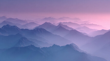 A breathtaking view of a mountain range shrouded in mist, the peaks painted with soft hues of violet and pink