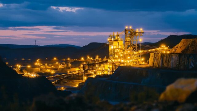 Gold mine at dusk with lights illuminating machinery and conveyor systems, cinematic industrial glow against fading sky