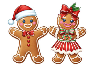 Cute Gingerbread Man and Gingerbread Woman Couple in Santa Hat and Christmas Dress 