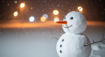 Close up of a smiling snowman with carrot nose and twig arms in falling snow and bokeh lights winter