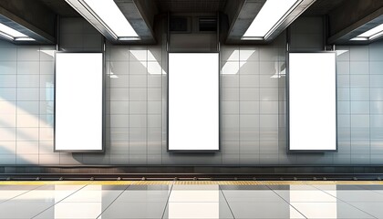 Blank Vertical Billboards in Modern Subway Station &ndash; Urban Advertising Mockup