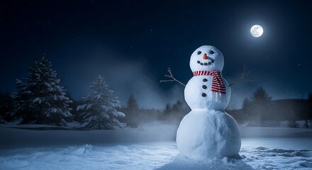 Snowman with red striped scarf under full moon and starry night sky in snowy forest winter