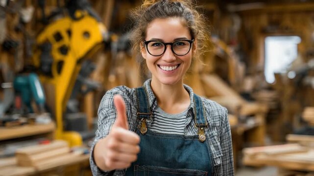 Skilled woman shows confidence with a thumbs up in a bustling workshop filled with tools and wood materials during daylight - Powered by Adobe