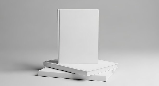 Blank white book standing on two stacked books, offering a clean mockup for cover design, education, or literature concepts