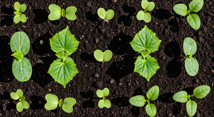 Naklejka premium Overhead view of cucumber seedlings in soil, showcasing the early stages of plant growth and development