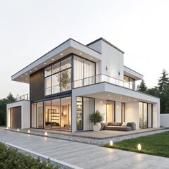 Obraz premium Modern Architectural House Luxe Exterior Render, Floor-to-Ceiling Windows, Outdoor Living Space, Contemporary Design, Luxury Residence, Real Estate Marketing. Architecture, Interior