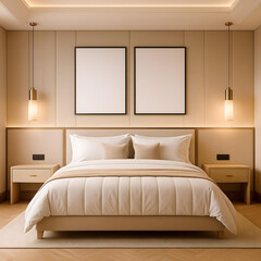 Modern Bedroom Interior with Frames Above Bed and Neutral Decor