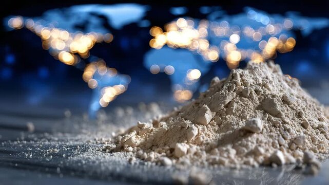 Rare earth mineral powder spread on a reflective surface with glowing world map background, symbolizing global trade routes and international supply chain dynamics