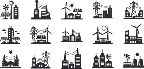 Collection of minimalist black and white vector icons depicting various energy industries and infrastructure for design projects