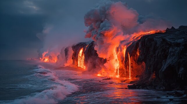 Molten lava spills dramatically from cliffs into crashing waves below creating a mesmerizing scene.