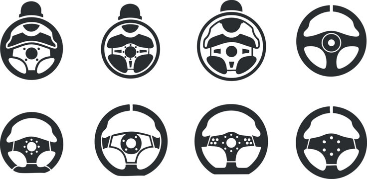 Set of minimalist black and white vector icons featuring various steering wheels for automotive and transportation design projects