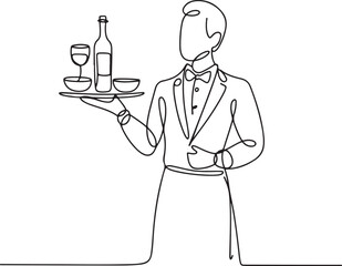Continuous Line Art Illustration of Waiter Holding Tray with Dishes and Wine Bottle Elegant Motion