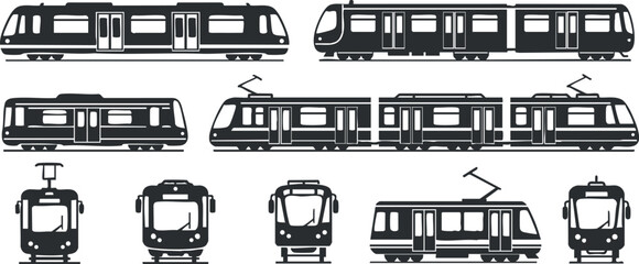 Collection of minimalist black and white vector illustrations of various train and tram designs for transportation themes