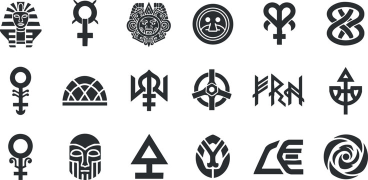 Collection of modern geometric vector symbols and icons representing cultural and historical themes for branding and design projects
