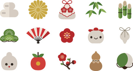 Japanese new year lucky charms and decorations set