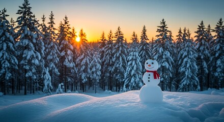 Snowman in snowy forest at sunset with orange sky winter trees