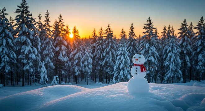 Snowman in snowy forest at sunset with orange sky winter trees