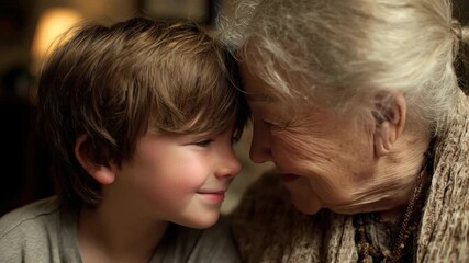 Heartwarming connection between a young boy and his grandmother in a cozy living room during a quiet afternoon