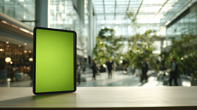 Tablet with a green screen stands on a wooden surface with a blurred interior background. The image likely symbolizes technology, communication, and digital interfaces