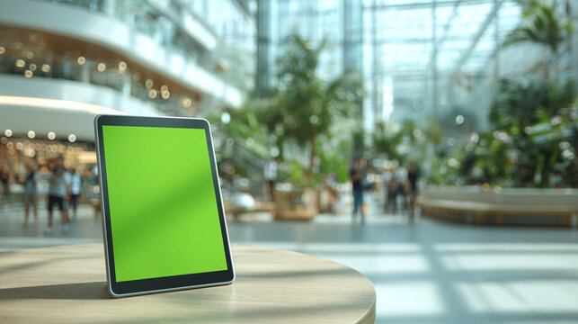 Tablet with a vibrant green screen, set against a blurred indoor backdrop, with people and lush greenery