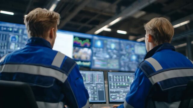 Technicians monitoring control room screens in rare earth refinery, digital data displays and process analytics illuminating faces