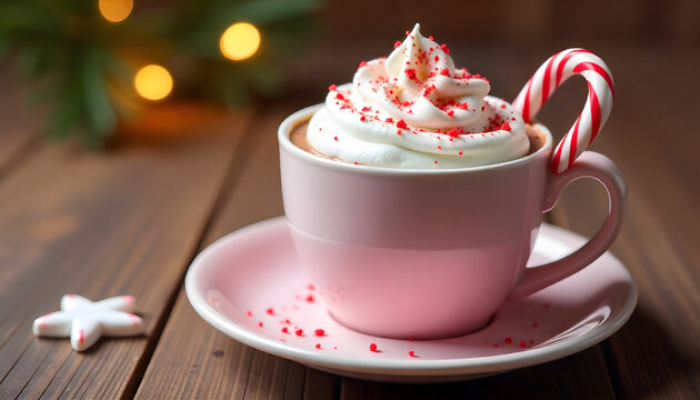 Festive hot drink served in a soft pink cup with whipped cream and red sprinkles, decorated with a candy cane on the side. The cozy wooden background and warm lighting create a delicious Christmas ad