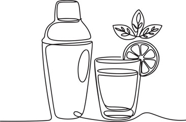 Continuous Line Art Illustration of Shaker Glass Citrus Slice and Mint Leaf Minimal Clean Flow