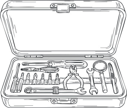 Detailed line art illustration of an open toolbox filled with various tools for repair and maintenance projects