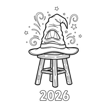 The sorting hat on a stool with 2026 below, isolated on white background
