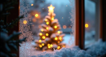 Blurred snowflakes with christmas tree through window, magical winter evening