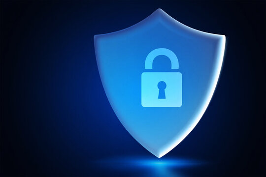 Glowing Blue Shield Icon with Padlock Symbol on Dark Gradient Background security