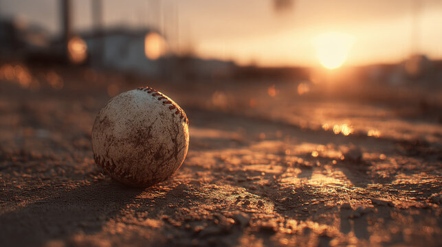 Baseball on the dusty ground during sunset, capturing the end of an era. The baseball is worn and weathered, with the warm sun casting a golden glow on the scene. This evokes feelings of nostalgia.