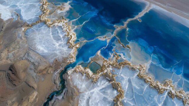 Top-down view of salt flats with small ponds of varying hues, crystallized edges forming intricate patterns, contrasting with the deep blue of the sky