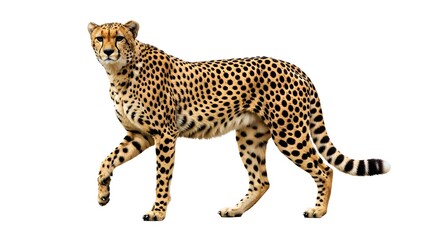 A spotted cheetah walks elegantly against a white background, a professional concept perfect for wildlife speed, agility, and predatory nature