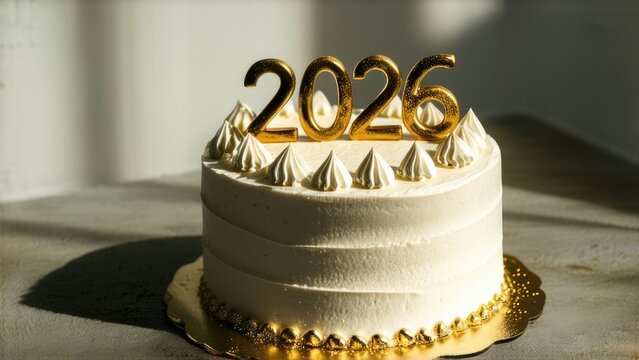 Number 2026 cake with gold on concrete, future celebration anticipation