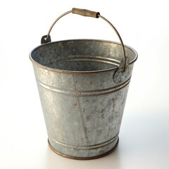 Vintage Galvanized Metal Bucket with Wooden Handle, Detailed Texture, Rustic Farmhouse Accessory, Isolated on White Background, Rustic , Farmhouse