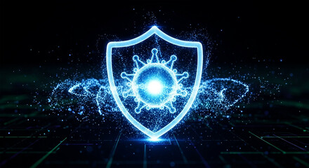 Glowing blue virus particle protected by shield surrounded by digital particles protection
