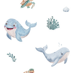 Whimsical seamless watercolor pattern with cute dolphin, whale, turtle. Playful kids marine character with seaweed on white background. Cheerful underwater design for nursery textiles, greeting cards.